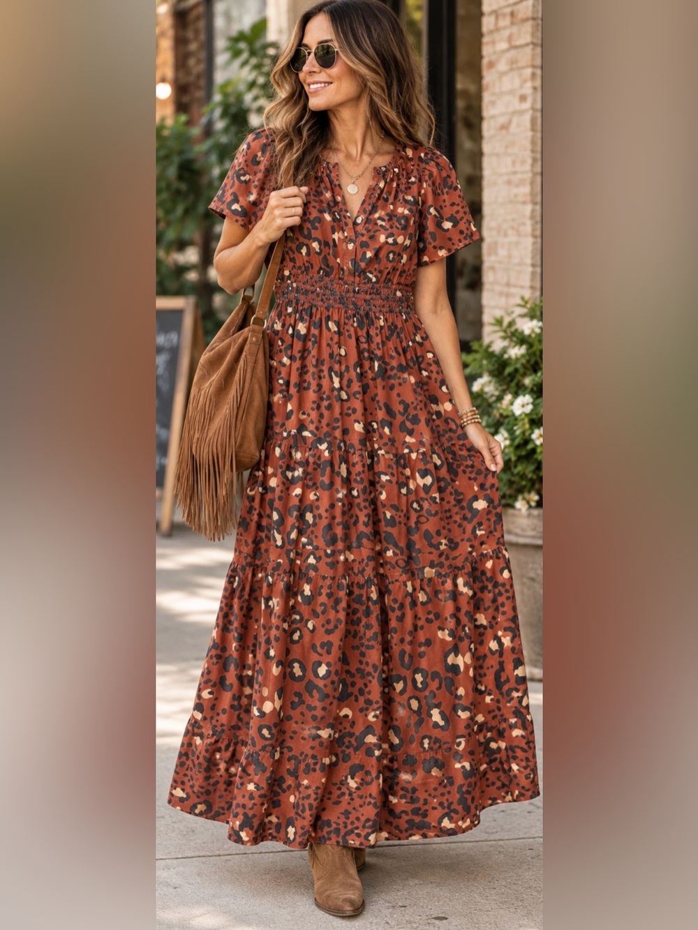 Maeve Anthropologie Leopard Print Smocked Waist Tiered Maxi Dress